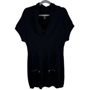 Alfani Black Short Sleeve Cowl Neck Cable Knit Short Sweater Dress Tunic Size XL